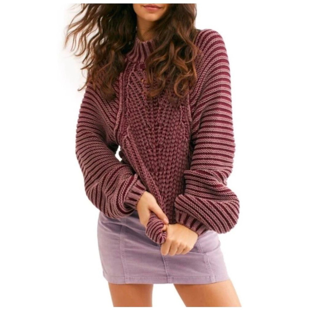 FREE PEOPLE Sweetheart Rib Chunky Mock Neck Sweater - Garnet Grotto - XL